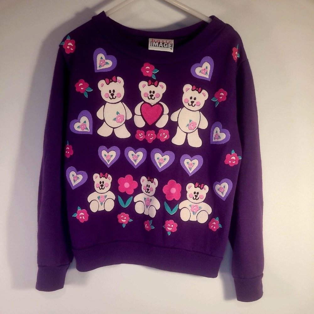 Vintage 1990s Child XS Purple Bear & Hearts Sweatshirt By Basic Image USA 100%